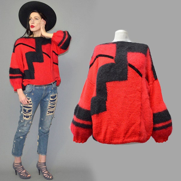 Vintage Fuzzy Hand-Knit Mohair Angora Wool Chunky Knitted Jumper Sweater Cocoon Pullover Velvet Embroidery Oversize Graphic Striped Slouch