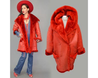 Vintage Original Shearling Lamb Sheep Fur Lined FIREY RED Dyed Cocoon Winter Anorak Parka Cowl Blanket Rainbow Embroidery Cape Leather 80s