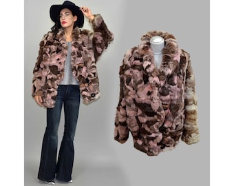 Vintage Patchwork seidig echtes Kaninchenfell Fledermaus Drapierte Jacke Cape Poncho Hippie Cowl Mantel Parka Pullover Batwing Shaggy Shabby Style Trend