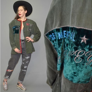 Vintage Otto Kern Sand Washed Silk Velvet Patch Embroidery Avantgarde Flight Blouson Anorak Jacket Shirt Sportive 90s Positive Slogan Knit M