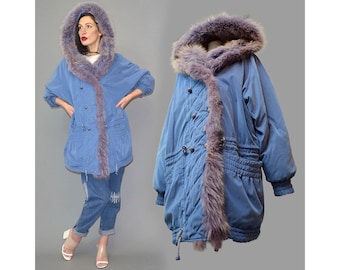 Vintage Axel E Delikat Microfiber Parachute Silky Dyed Arctic Fox Fur Trimmed Hood Anorak Parka Jacket Winter Coat Quilting Wadded Oversize
