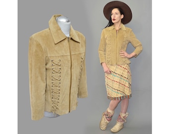 Vintage JCC Echtleder Native Fringe Korsett Öse Nieten Geflochtene Western Boho Hippie Jacke Blazer Peter Pan Kragen Criss Cross Camel S