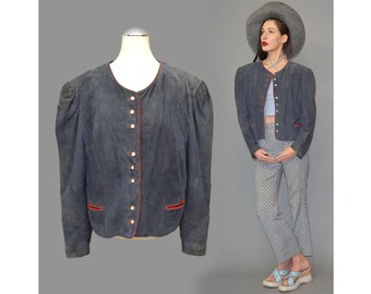 Vintage Real Goat Suede Leather Folklore Military Pyrate Style Studded Beaded Granny Cropped Blazer Jacket Garb Piping Embroidery Cape 70s L