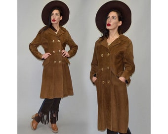 Vintage Casa Lopez Argentina Western Double Breasted Logo Statement Button Beaded Military Pea Coat Jacket Tan Suede Saddle Cowboy Ethnic M