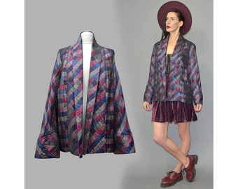 Kimono corto de seda con estampado geométrico cuadrado de Karl Lagerfeld Paris, estilo vintage, con casulla, capa, cuello chal y túnica para superponer, ideal para festivales de los 90.