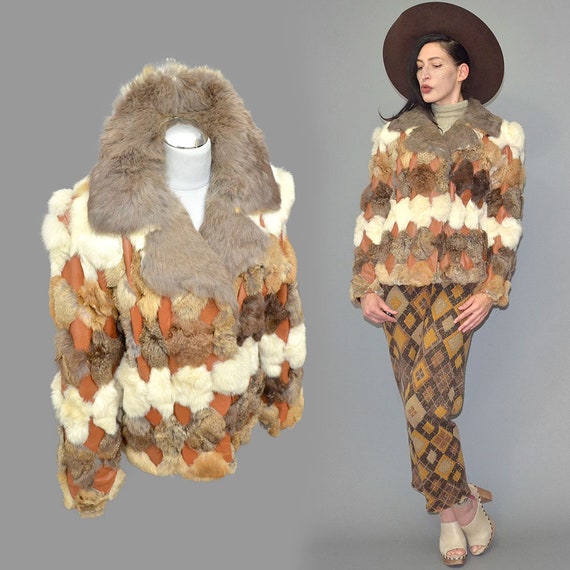 Vintage Patchwork Geometric Rabbit Fur Leather Em… - image 2