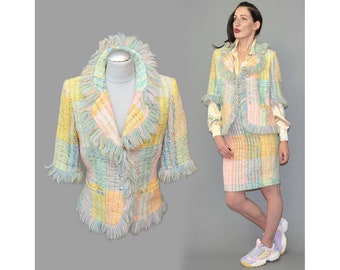 Vintage RENZO Designer Frill Fringe Bouclé Blazer Cropped Jacket Skirt Ladies Suit Rhinestone Beaded Pastel Checkerboard Lurex 90s Wool M 40