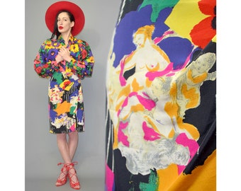 Vintage Laurel Pop Art Baroque Cherub Pleated Draped Sash Silk Scarf Print Foulard High Waist Pencil Skirt Midi Draped 90s Tulip Dress M 40