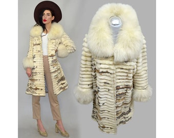 Vintage Fur Couture Masterpiece Arctic Fox Fur Princess Pea Coat Hippie Goddess 70s 1970s Parka Natural Spotted Patchwork Bell Boho Cape S/M