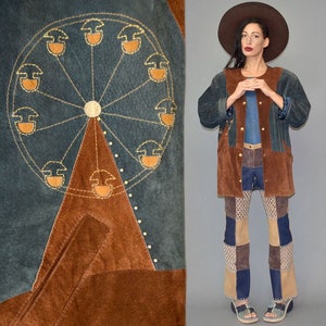 Vintage New Fast Funfair Lurex Embroidered Pork Suede Leather Frock Coat Folklore Blazer Jacket Studded Beaded Anorak Fun Grunge Parka 90s M
