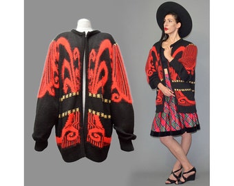 Vintage CARAT Fuzzy Angora Wool Lurex Metallic Art Nouveau Ornament Oversize Slouch Cardigan Knitted Jacket Sweater Jumper 80s Pearl Beaded
