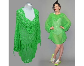 Robe mod en maille faite main vintage hippie au crochet gitane ample oversize pull festival Goa pull pull des années 70 Fuzzy Poet vert néon