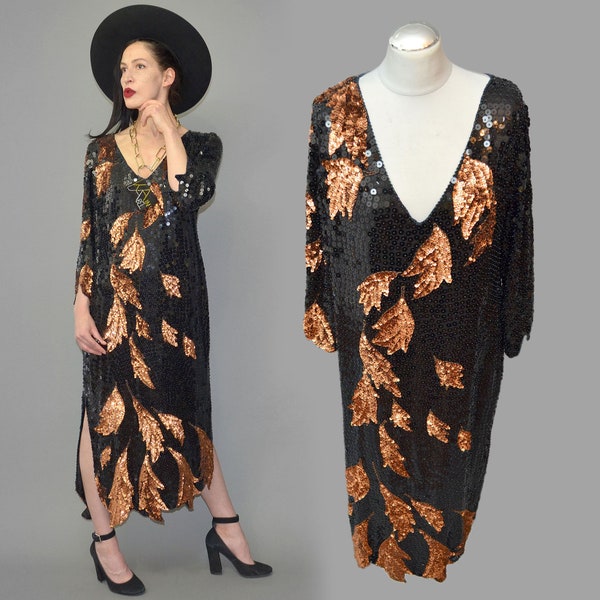 Vintage SILK Sequin incrusté de cuivre métallique Charleston Flapper Rara robe de soirée brodée robe festonnée Art déco Hollywood Glam des années 80