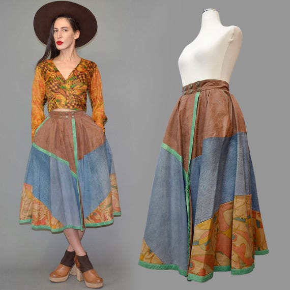 Vintage LEATHER Patchwork Circle Line Dance Flare… - image 2