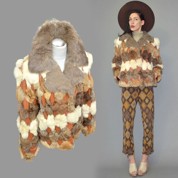 Vintage Patchwork Geometric Rabbit Fur Leather Em… - image 9