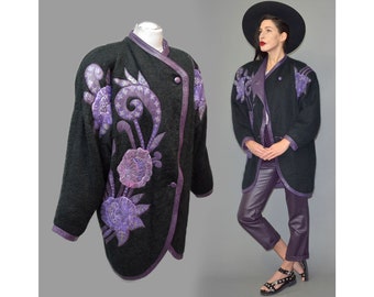 Vintage Velit Bari CONTESSA Fuzzy Mohair HAND Painted Leather Patchwork Embroidery Oversize Knit Cardigan Cocoon Cape Coat Ethnic Fantasy XL