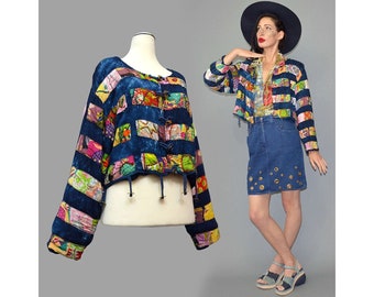 Vintage Buchholz Eco Hippie Folklore Ösen Verziert Quaste Fransen Indisch Goa Rayon Grafik Geometrisch Ausbessern Ethno Zigeuner Jacke Cape L