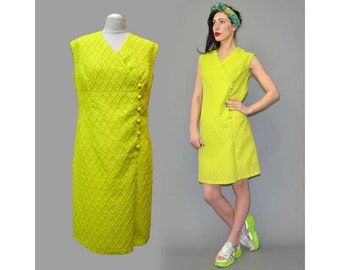 Vintage Waffle Structured Neon Avocado Green Mandarin Chinese Mod Scooter Mini Shift Dress Garden Tea Party Summer Coated Beaded 60s L Tunic