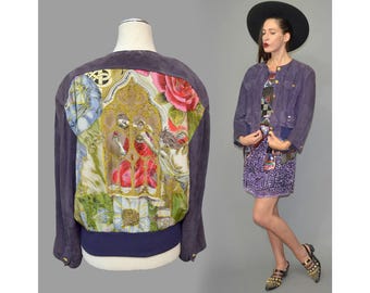 Vintage Otto Kern Silk Foulard Scarf Mythological Carré Bomber Suede Flight Jacket Cape Bolero Studded Viking Knitted Cuff Blouson 90s L