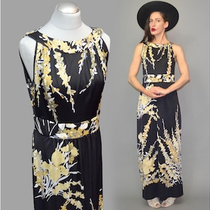 Vintage Leonard Paris Iconic Grecian Goddess Evening Robe Gown Maxi Dress Jersey Floral Empire Old Hollywood 70s Boho Hippie Couture S-L