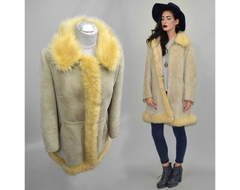 Vintage Shaggy Hippie Princess Real Shearling Sheer Fur CAMEL Suede Leather Pea Coat 1970s 70s Boho Gypsy Winter Jacket Tent Anorak Empire M