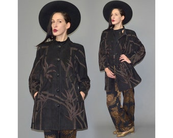 Vintage ZASPEL suède bamboe geborduurde grafische dusterjas anorak jas cape tent wijd uitlopende A-lijn jurk leer jaren 90 grunge gothic kralen mod