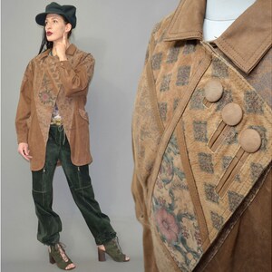 Anorak/cape/parka vintage en cuir véritable imprimé, patchwork floral Cirrus brodé, coupe ample, style années 80, orné de clous.