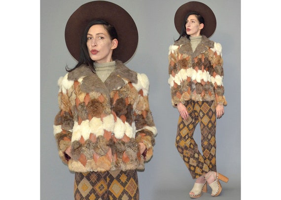 Vintage Patchwork Geometric Rabbit Fur Leather Em… - image 1