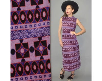 Vintage geometrische gebreide TRICOSA Paris Jersey nauwsluitende hippie godinnen maxi-jurk/badjas jaren 70 festival mandarijn kralen slip split designer boho M/L