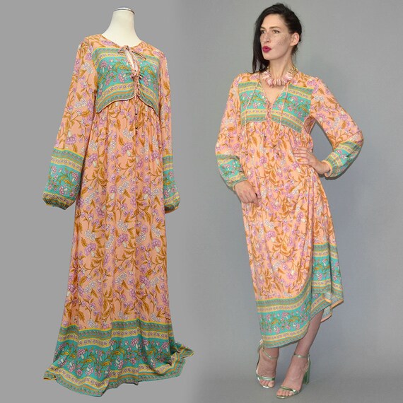 Vintage Indian Cotton Oriental Sari Caftan Flared… - image 2