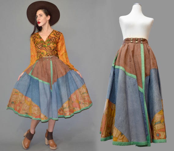 Vintage LEATHER Patchwork Circle Line Dance Flare… - image 8