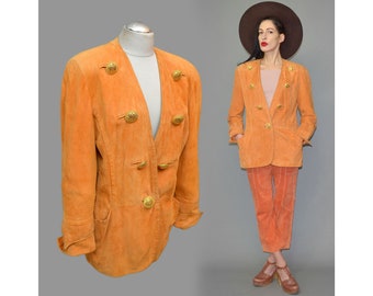 Vintage BEGEDOR Designer Italy Pyrate Cage Beaded Double Breasted Military Apricot Dyed Suede Leather Frock Coat Jacket Blazer Embellished M