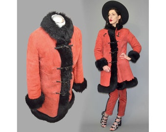 Vintage Shaggy Shearling Tuscany Lamb Fur RED Dyed Velours Leather Toggle Hippie Princess Pea Coat 70s Winter Jacket Parka Anorak Boho Gypsy