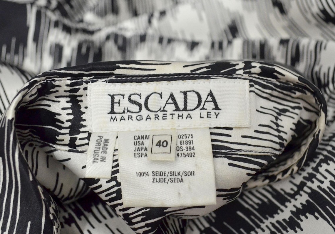 Vintage Escada Fingerprint Op Art Illusion Business Blouse Shirt Tunic Silk Satin Graphic Oversize Draped Jacket 90s L 40 Vein Water Ley, photo 4 sur 5