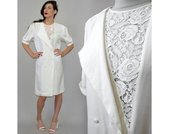 Vintage Louis FERAUD Designer Linen Secretary Power Coat Dress Business Military Lace Mesh Draped Breasted Rayon 1980s Puffy Sleeve M 12 38