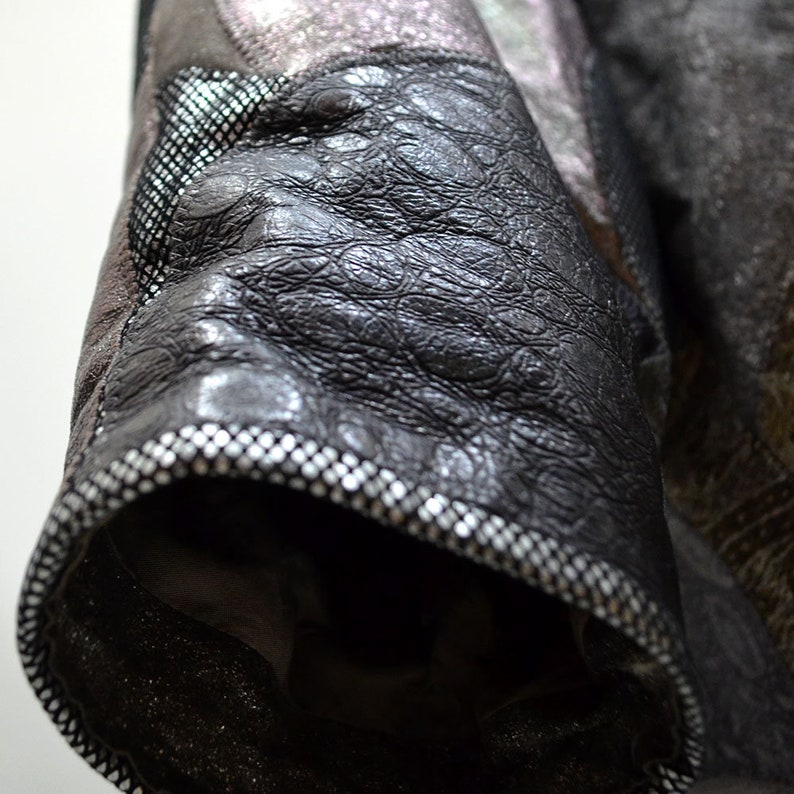 Vintage Roberto Cavalli Firenze Leather Fish Scale Patchwork Metallic Embroidery Leather Art Deco Geometric Ethnic Batwing Jacket Blazer 90s