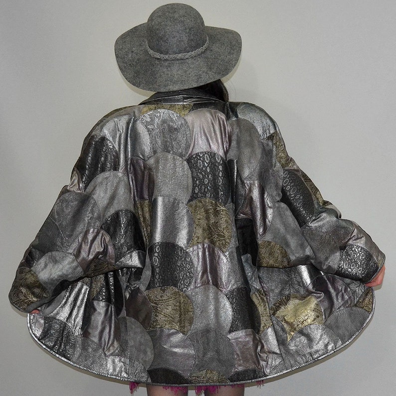 Vintage Roberto Cavalli Firenze Leather Fish Scale Patchwork Metallic Embroidery Leather Art Deco Geometric Ethnic Batwing Jacket Blazer 90s