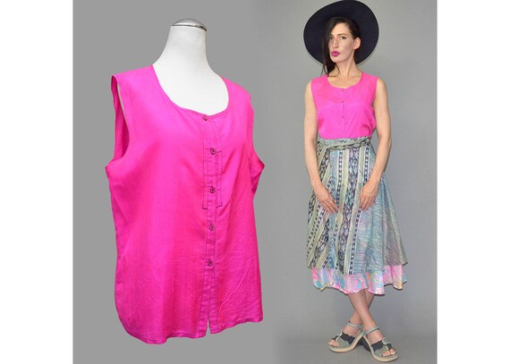 Vintage Silk Tank Top Shirt NEON Pink Electric Ps… - image 1