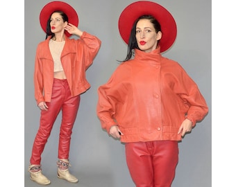 Vintage VVVISION Glossy Red Nappa Leather Jacket Asymmetrical Draped Cowl Cape Bomber Cinch Waist Batwing Biker Motorcycle 80s Oversize 38 M