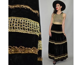 Vintage Velvet Gothic Hippie Maxi Skirt Peasant Golden Metallic Lurex Crochet Lace Trim Draped Swing Flared Tent Trapeze Unique Goa Medieval