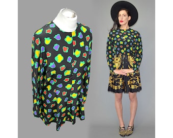 Vintage HARVAN Crêpe de Chine Silk Scarf Abstract Flower Power Floral Petal Pop Art Print Business Peplum Skater Tunic Shirt Blouse Dress L