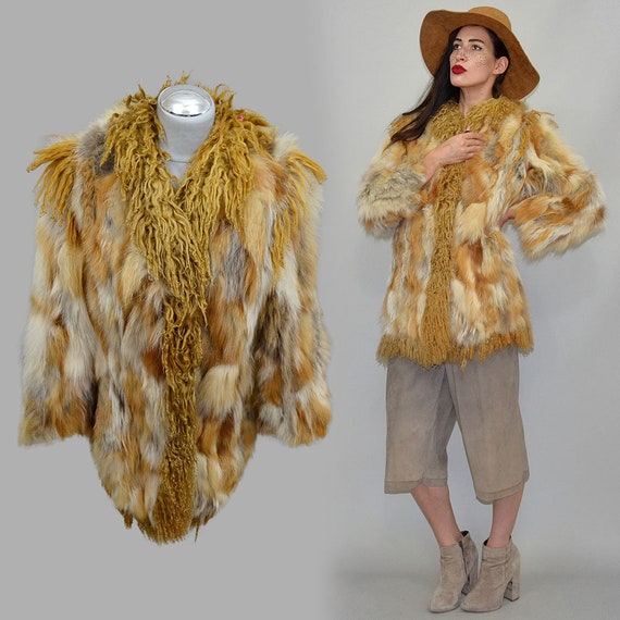 Vintage Shaggy Red Fox Fur Patchwork Banket Curly… - image 2