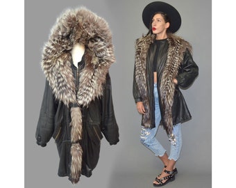 Vintage VENIDO Silver Fox Feathered Lined Hood Shawl Collar Lapel Real Leather Parka Winter Anorak Oversize Jacket Duffle Coat Toggle Sling