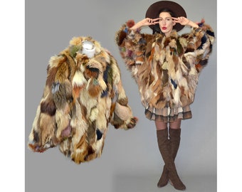 Vintage Muticolor Dyed Arctic Fox Fur Embroidered TAIL Fringe Tassel Hippie Queen Couture Batwing Draped Cape Winter Jacket Poncho Boho Glam