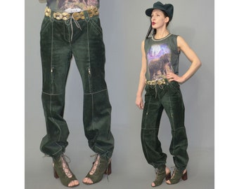 Vintage O.F.T. Real Dyed Suede Leather Tracking Pants Trousers Jogger Baggy Slouch 90s Grunge Zipper Chunky Piping Embroidery Ribbon M 38