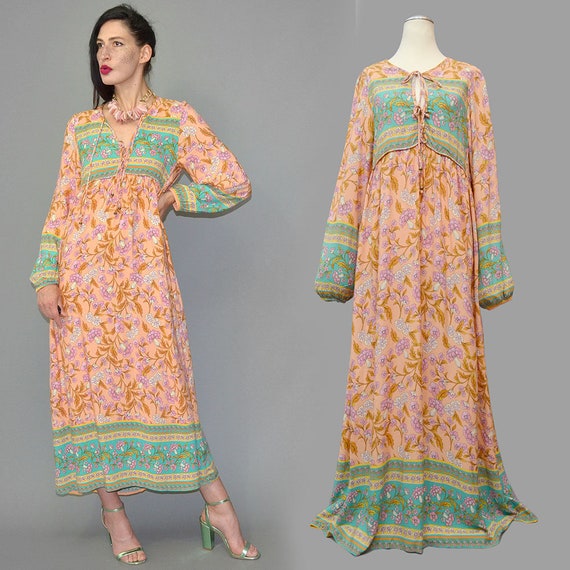 Vintage Indian Cotton Oriental Sari Caftan Flared… - image 3
