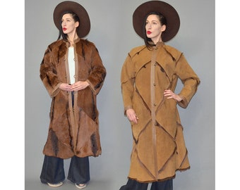 Vintage REVERSIBLE Shaggy Goat Fur + Suede Velours Leather Ethnic Geometric Patchwork 70s Boho Blanket Parka Fringe Navajo Gaucho Coat Cape