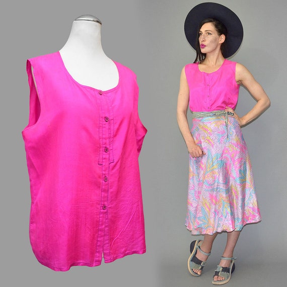 Vintage Silk Tank Top Shirt NEON Pink Electric Ps… - image 5