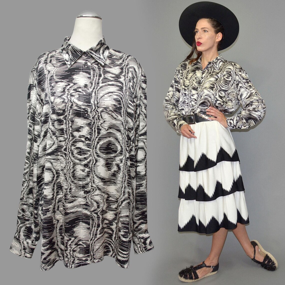 Vintage Escada Fingerprint Op Art Illusion Business Blouse Shirt Tunic Silk Satin Graphic Oversize Draped Jacket 90s L 40 Vein Water Ley, photo 3 sur 5