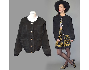 Vintage Miss Joy Black Bomber Oversize Leather Pilot Blouson Jacket Knitted Military Emblem Caban Studded Patch Embroidery Boyfriend Cape L